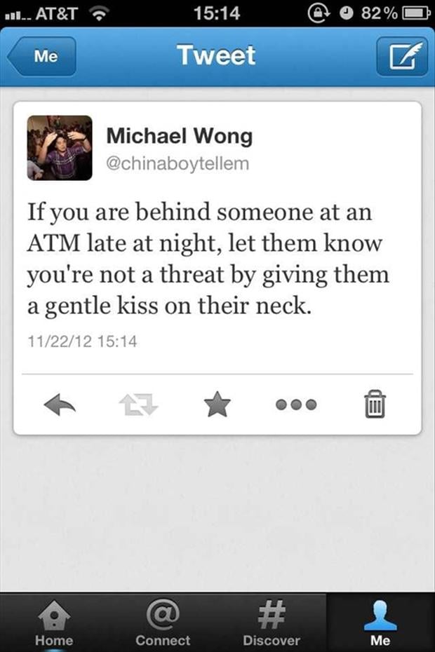 funny twitter quotes, at a atm machine at nighttime, kiss
