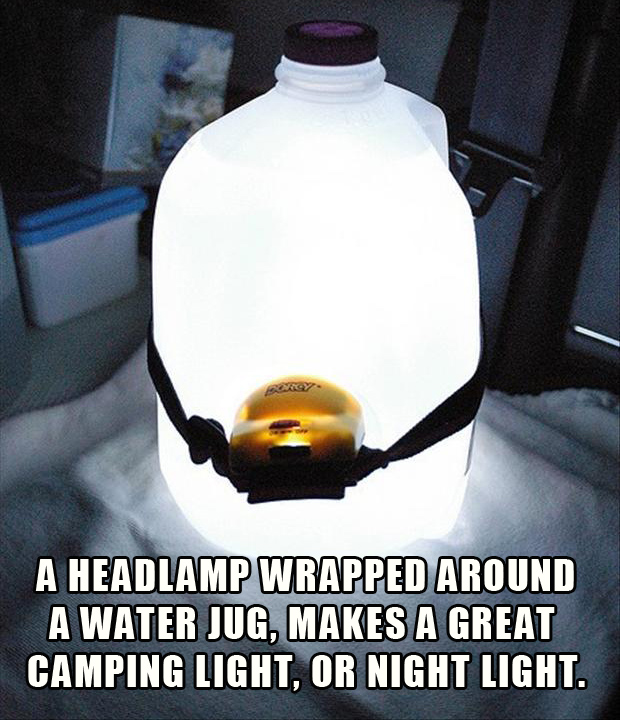 A headlamp around a gallon of water