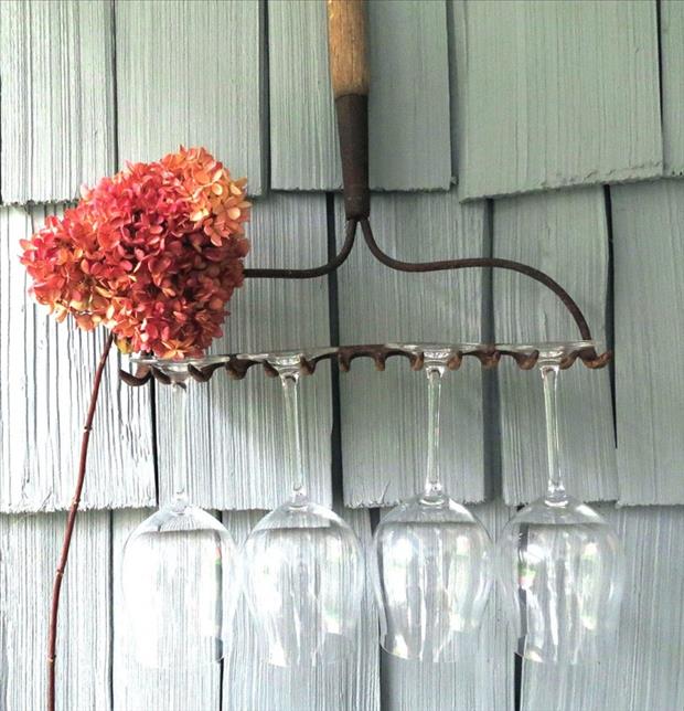 old rake to hold wine glasses