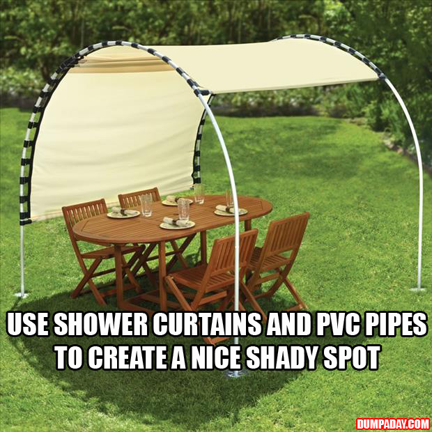 create your own shade using shower curtains and pvc pipes