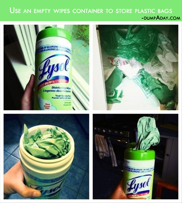 Genius Crafty Ideas- Use an empty wipes container to store plastic bags