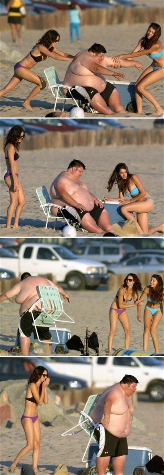 sexy beach babes help fat guy get out of chair