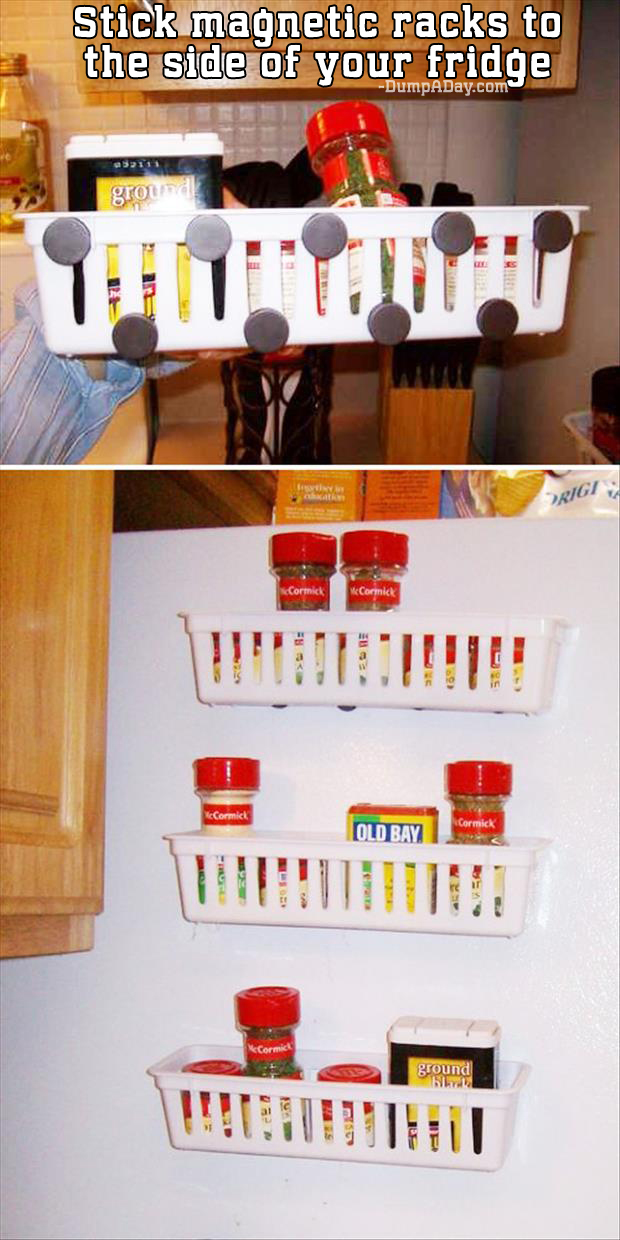 Stick magnetic racks to the side of your fridge