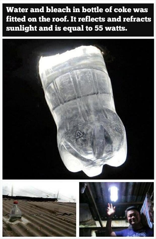 a make a light from a clear plastic bottle and bleach fitted in a roof,