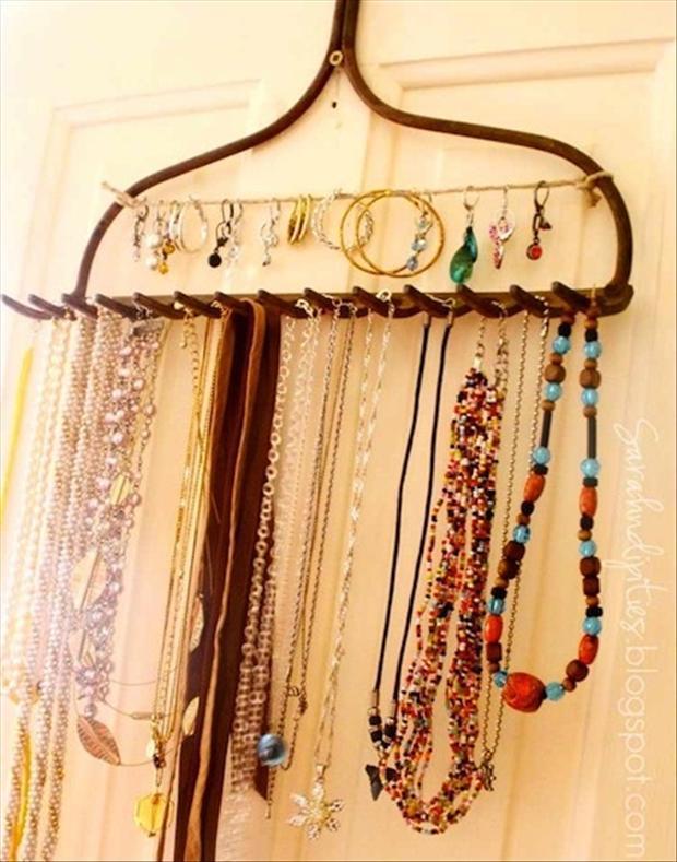 reuse old rake for necklace hanger