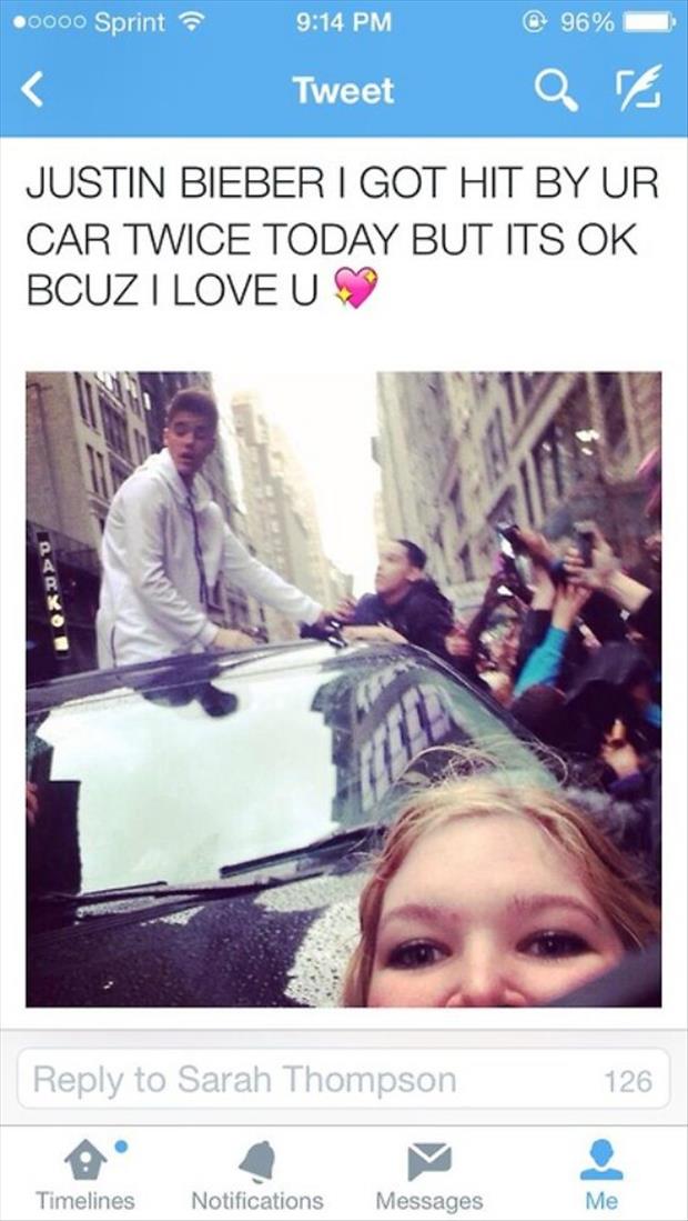 justin beiber hits fan with car