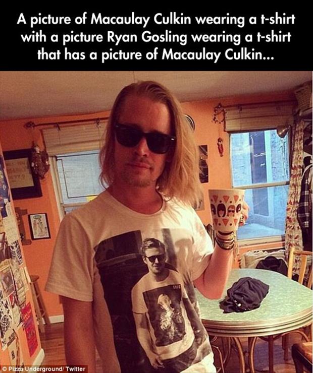 ryan gosling wearing a tshirt of macully culcan