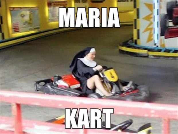 nun in a go cart