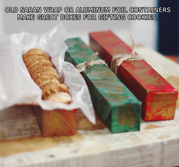 Holiday Hacks- Old saran wrap or aluminum foil containers for gifting cookies