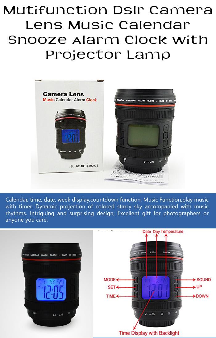 Mutifunction Dslr Camera Lens Music Calendar Snooze Alarm Clock with Projector Lamp