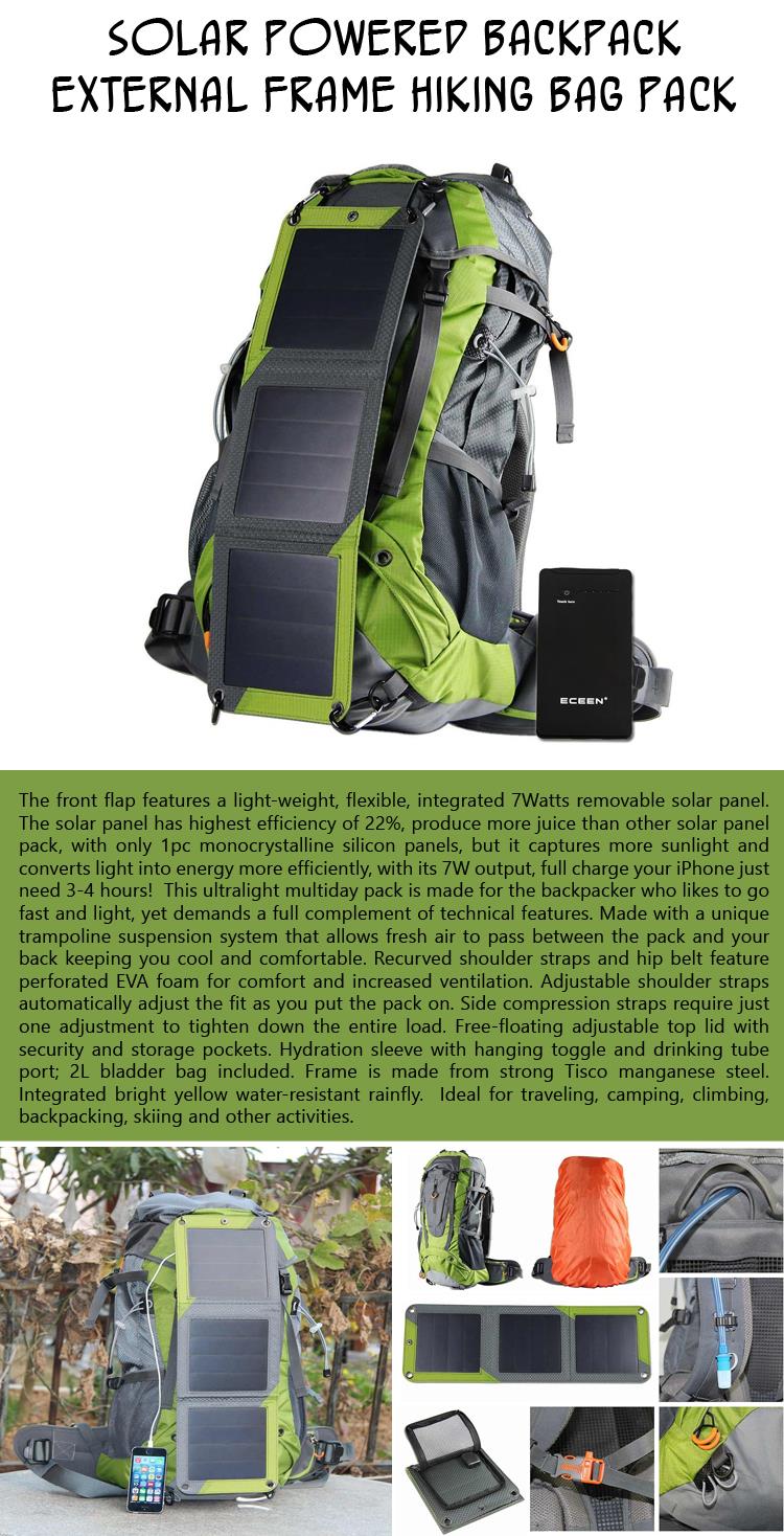 Solar Powered Backpack External Frame Hiking Bag Pack