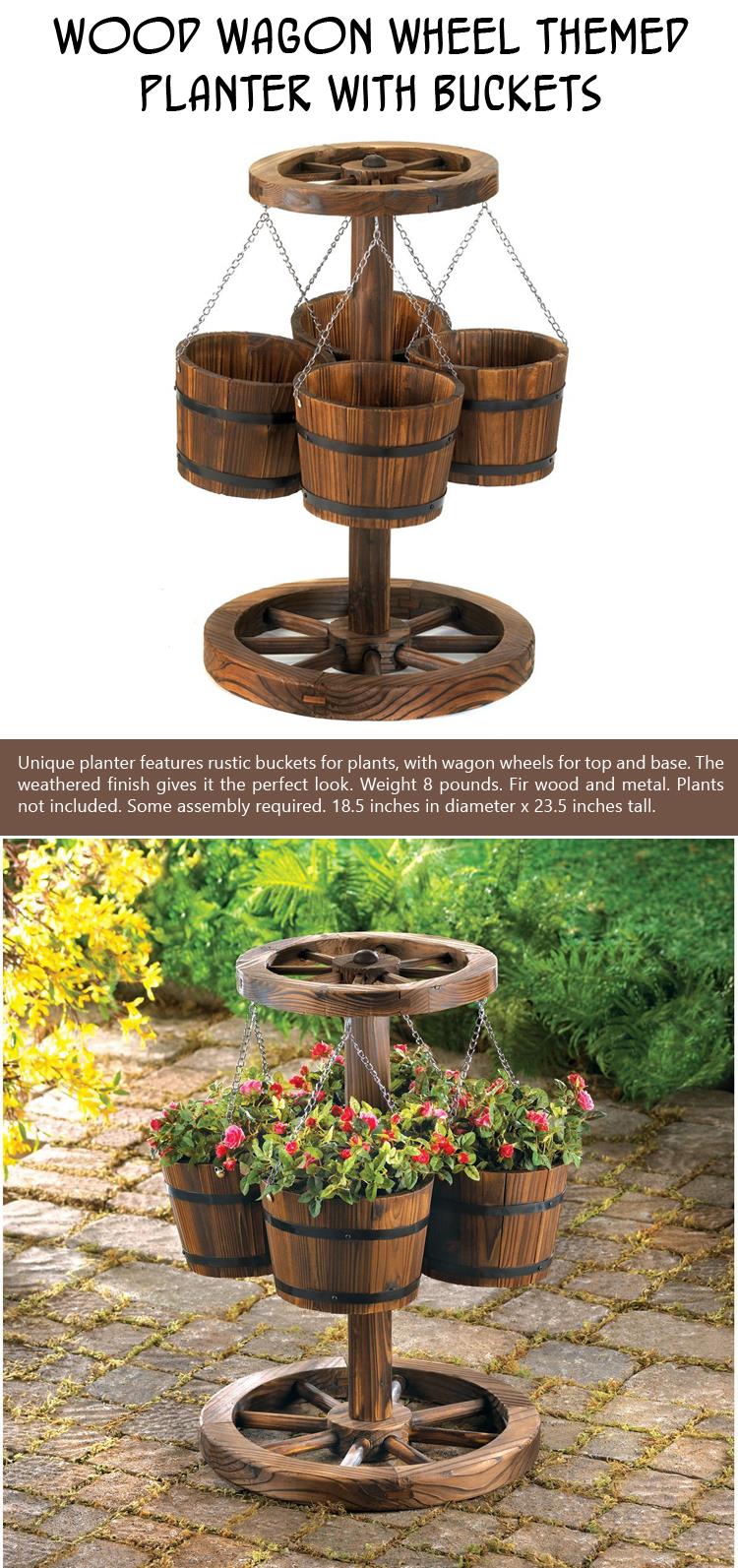 Wood Wagon Wheel Themed Planter with Buckets