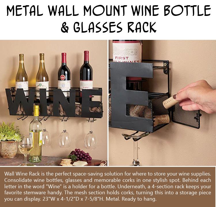 Metal Wall Mount Wine Bottle & Glasses Rack