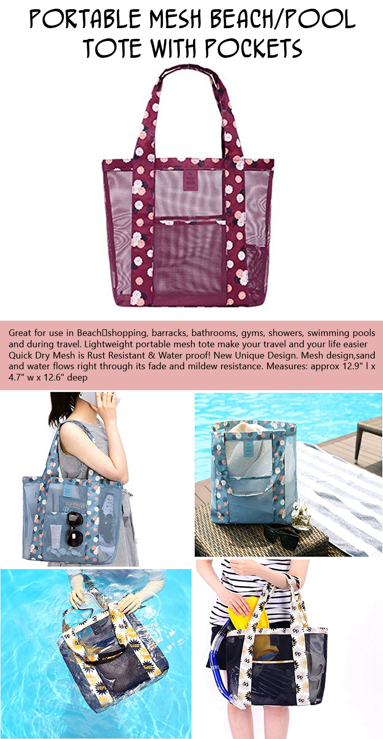 Portable Mesh Beach Pool Tote With Pockets