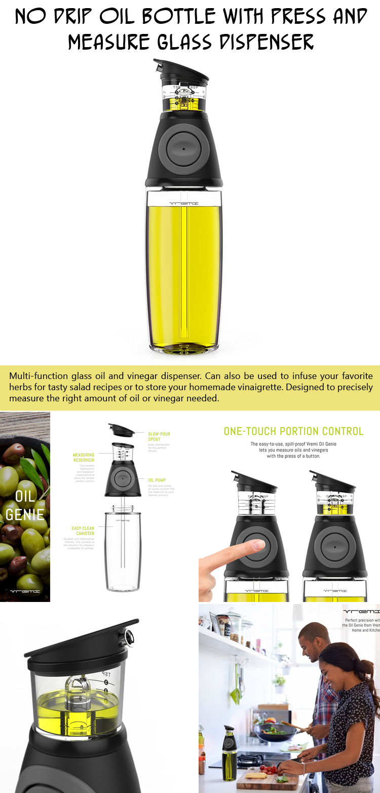 No Drip Oil Bottle With Press and Measure Glass Dispenser