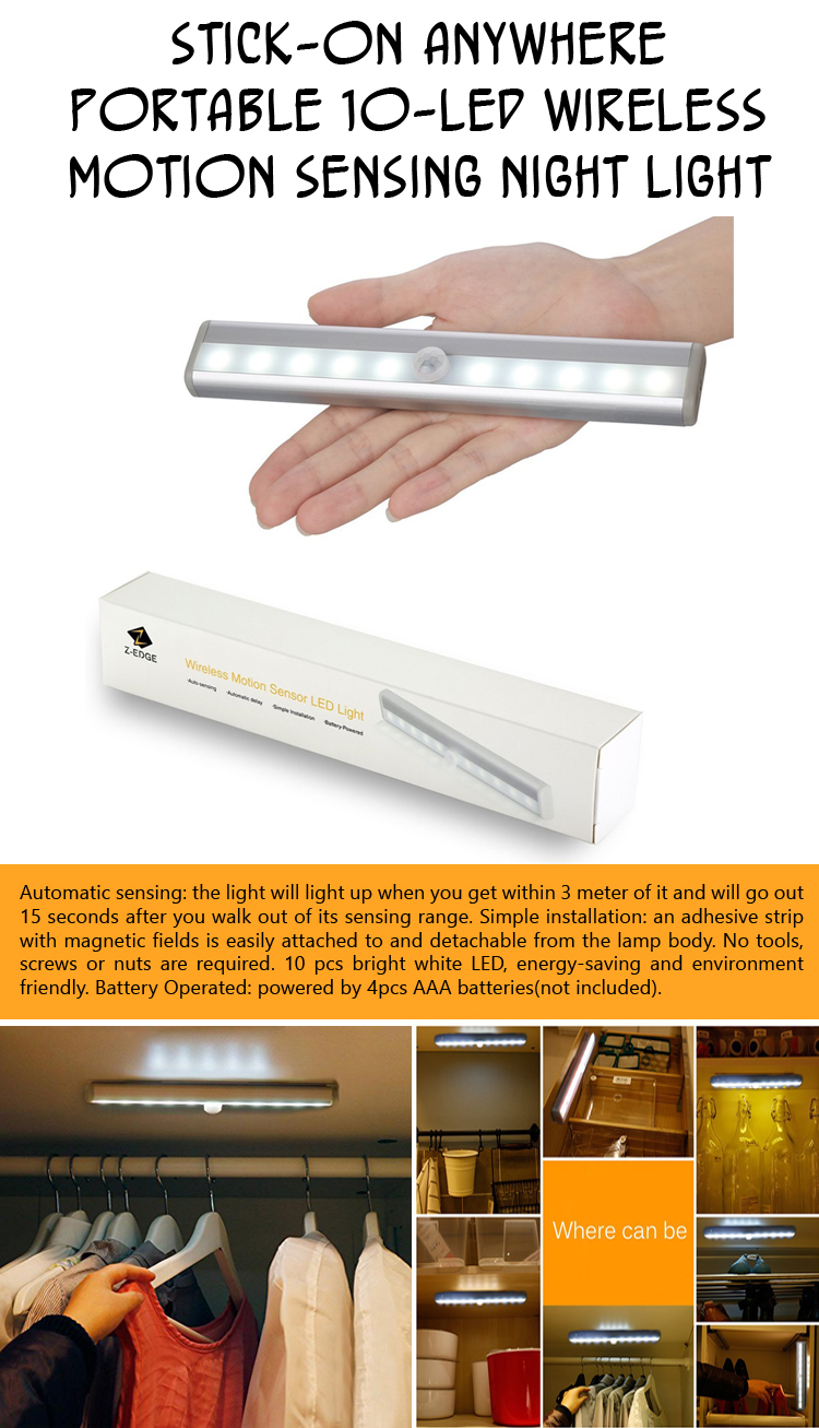 Stick-on Anywhere Portable 10-LED Wireless Motion Sensing Night Light