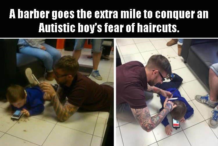 helping kid with a hair cut