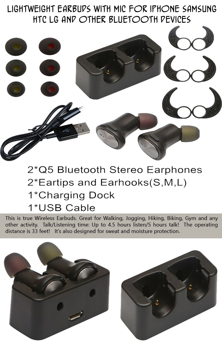 Lightweight earbuds with mic for iphone, samsung and other bluetooth devices