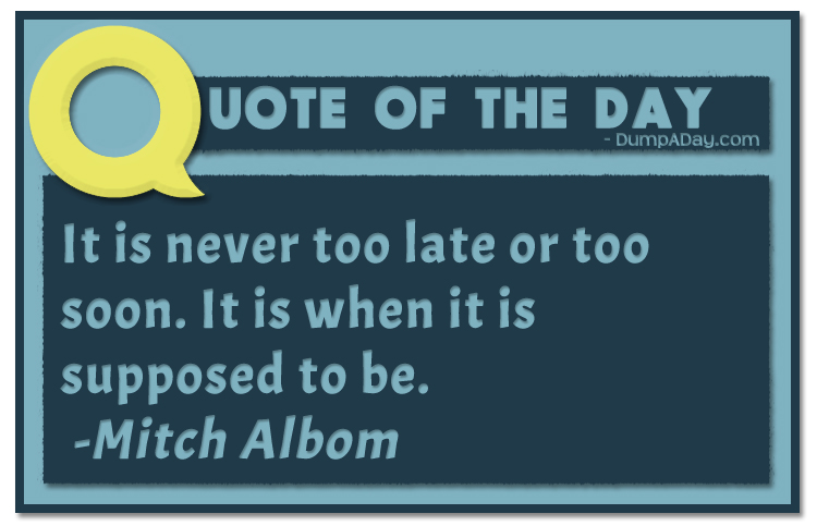 It is never too late or too soon It is when it is supposed to be -Mitch Albom