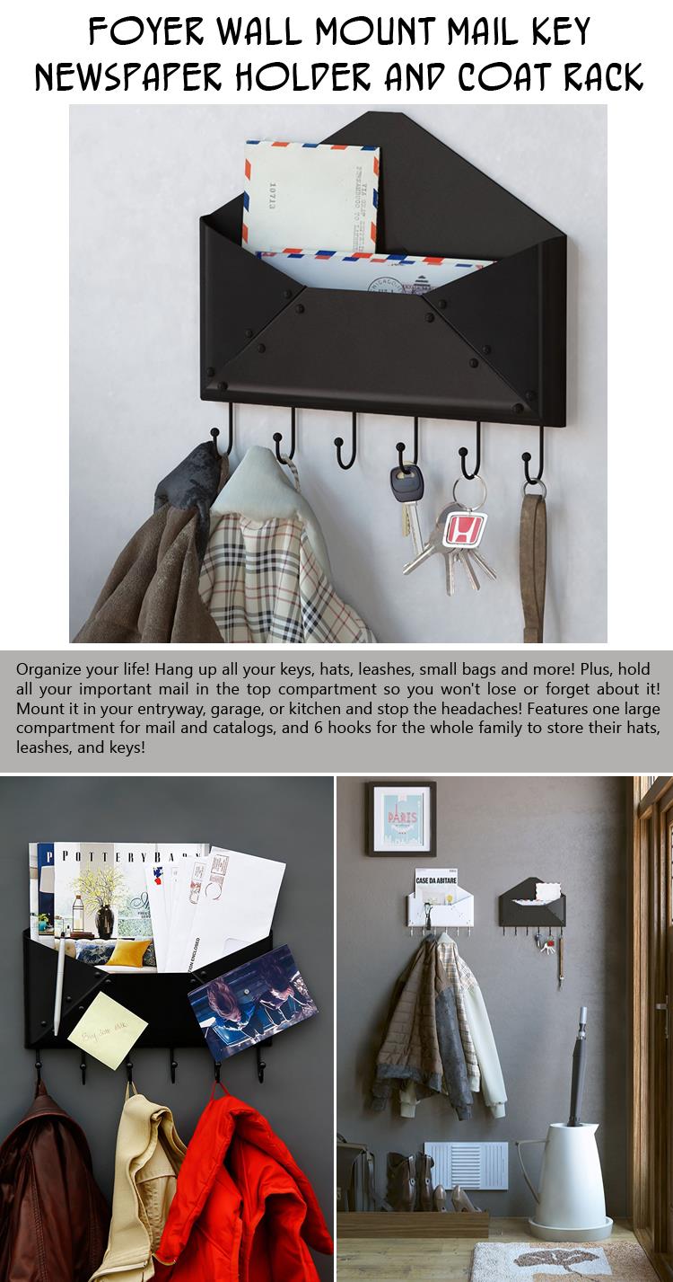 Foyer Wall Mount Mail Key Newspaper Holder and Coat Rack