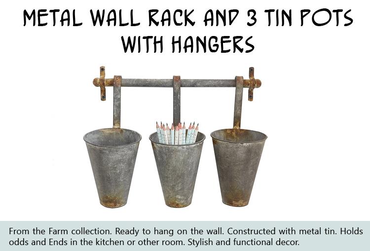 Metal Wall Rack and 3 Tin Pots with Hangers
