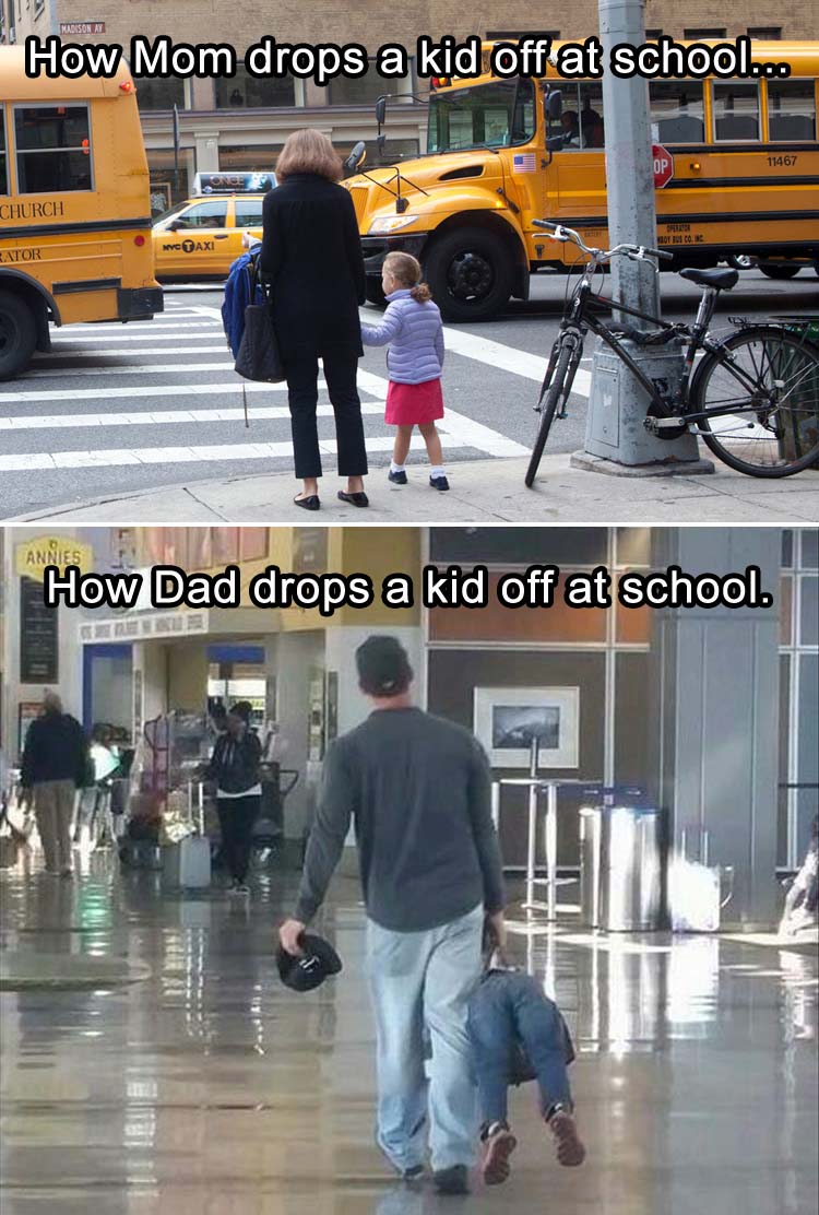 Mom's bringing kids to school, Dad bringing kids to school