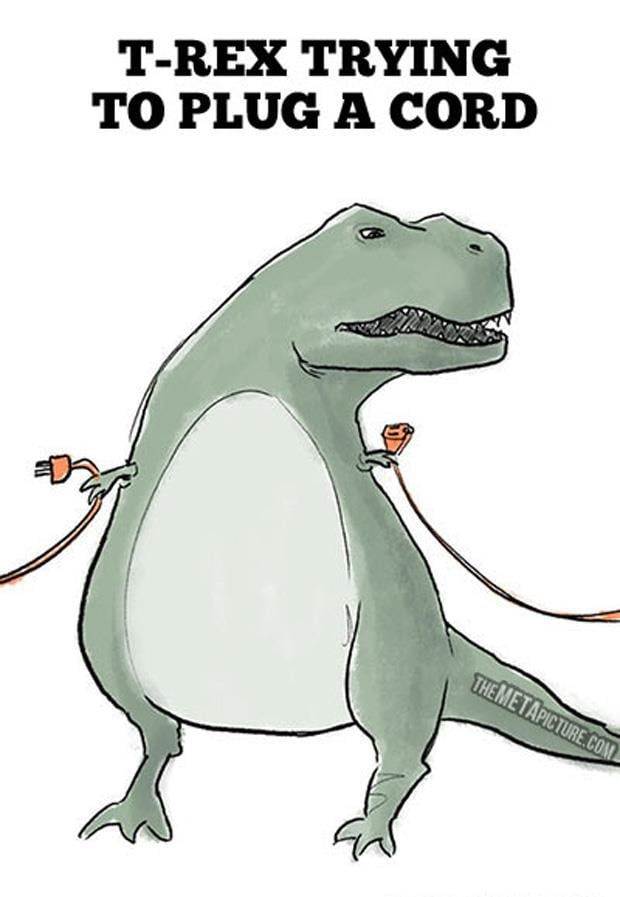 a funny t-rex trying to plug a cord.